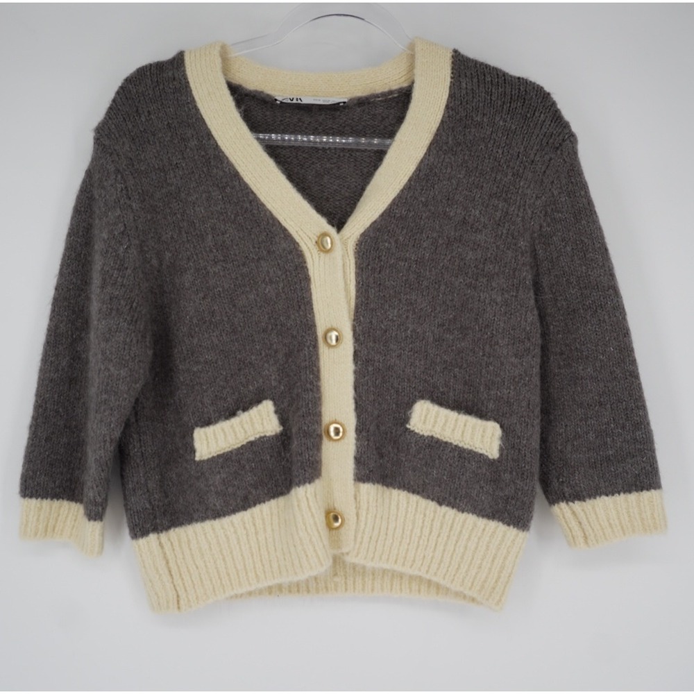 Zara Grey Cream Colorblock Alpaca Wool Blend Cardigan‎ Gold Button Sweater M